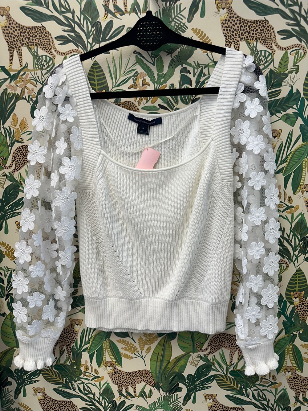 French Connection White Floral Lace Sleeve Knit Sweater - Women M